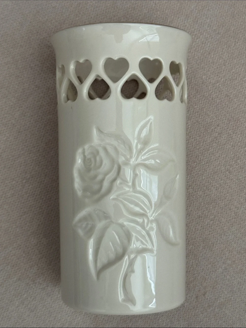 Vintage Lenox 6 Inch Pierced Rose Hearts Vase Ivory China 24K Gold Trim USA